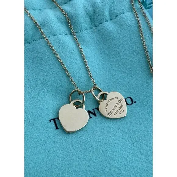 Return Tiffany & Co. 18k Gold MINI Double Heart Tag Pendant Necklace 18” READ - Picture 9 of 12